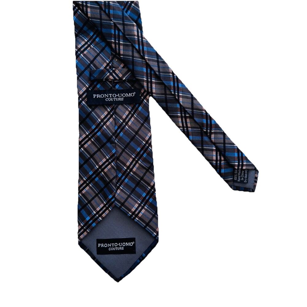 Pronto Uomo Couture Men's Blue Brown Plaid Neck Tie 100% SIlk 3.5 x 59